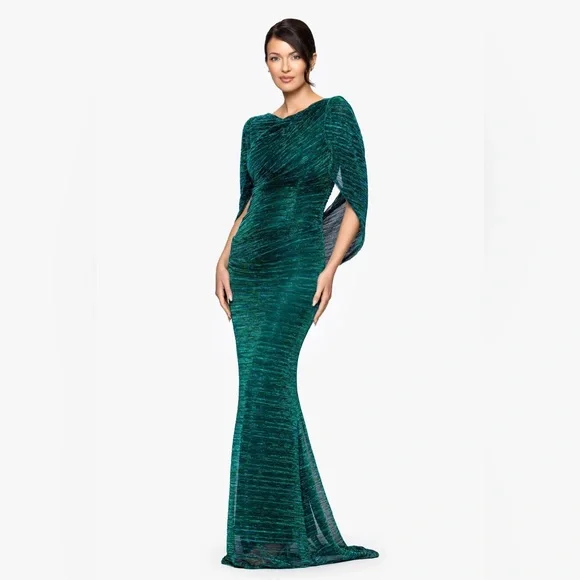 Betsy & Adam Emerald Green Cape Sleeve Gown Size 14 NWT Formal Evening Dress Betsy & Adam Emerald Green Cape Sleeve Gown Size 14 NWT Formal Evening Dress